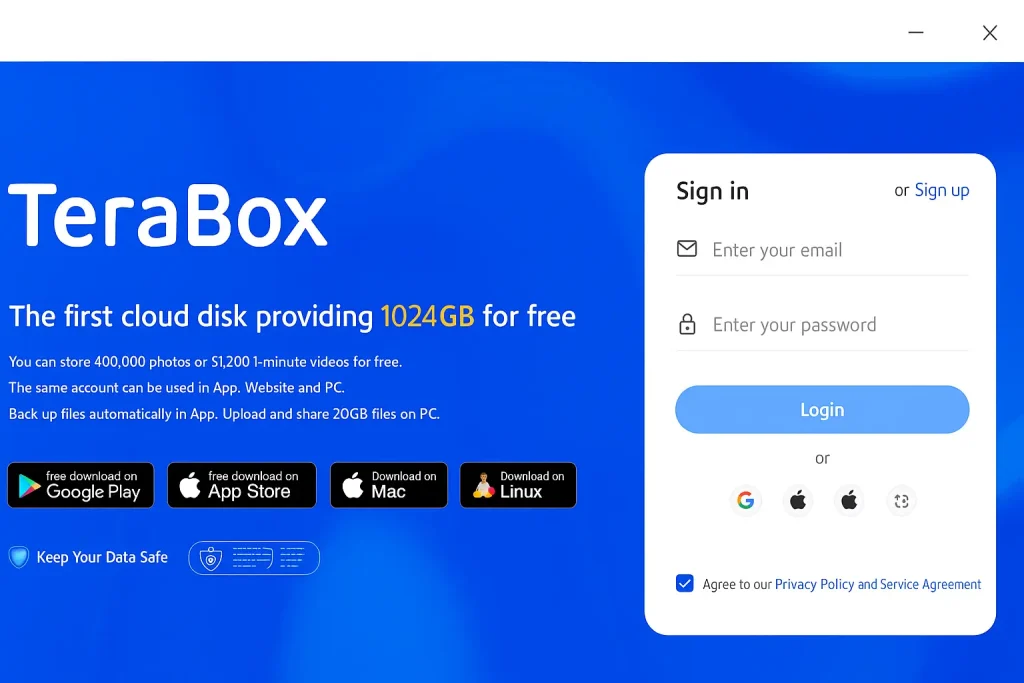 Login and Promotion Screen with terabox for pc